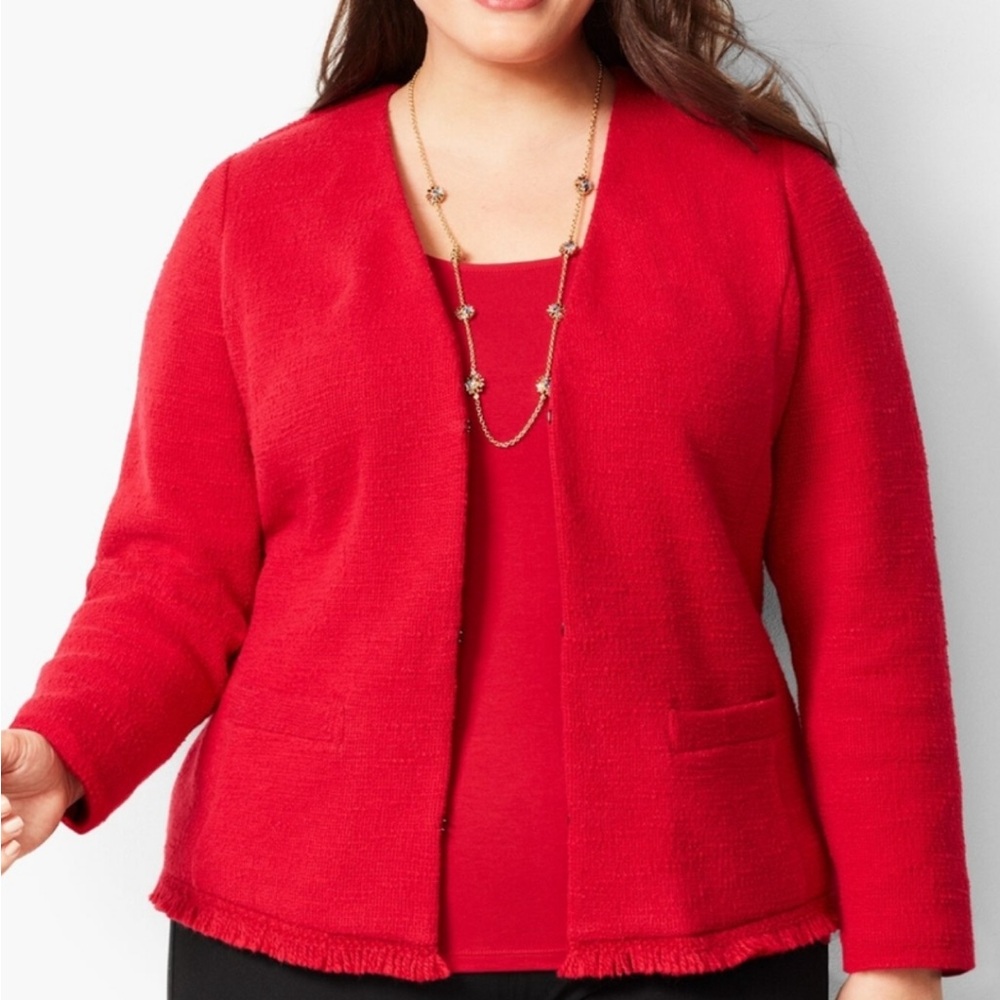 PLUS Talbots Red Tweed Fringe Hem Single Hook Closure Blazer Jacket Size 1X